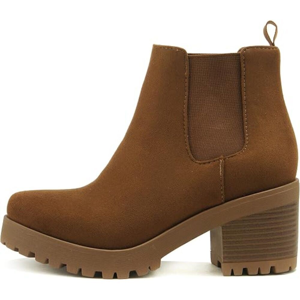 Women Chestnut Round Toe Lug Sole Elastic Gore and Chunky Heel Jaber Ankle Boots